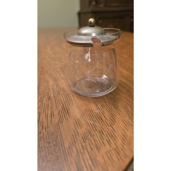 Etched Glass Mustard Jar Condiment Pot Metal Lid Starburst Pattern Small - Picture 3 of 7